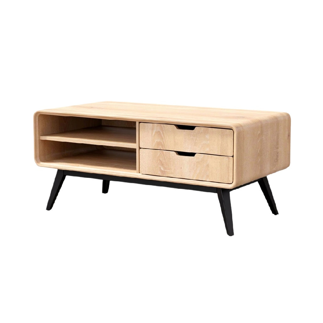 **Stolik kawowy z drewna, z półkami i szufladami, nowoczesny design**